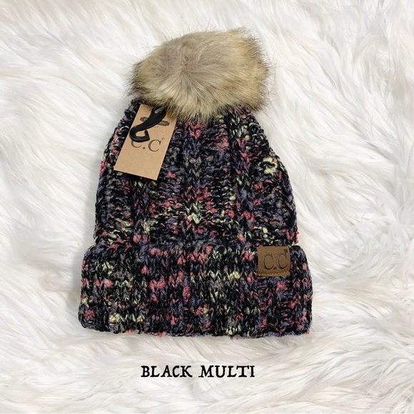 C.C Beanies Popcorn Confetti (Inner Lining) Pom Beanie for Adults, Winter Hats - Picture 3 of 4